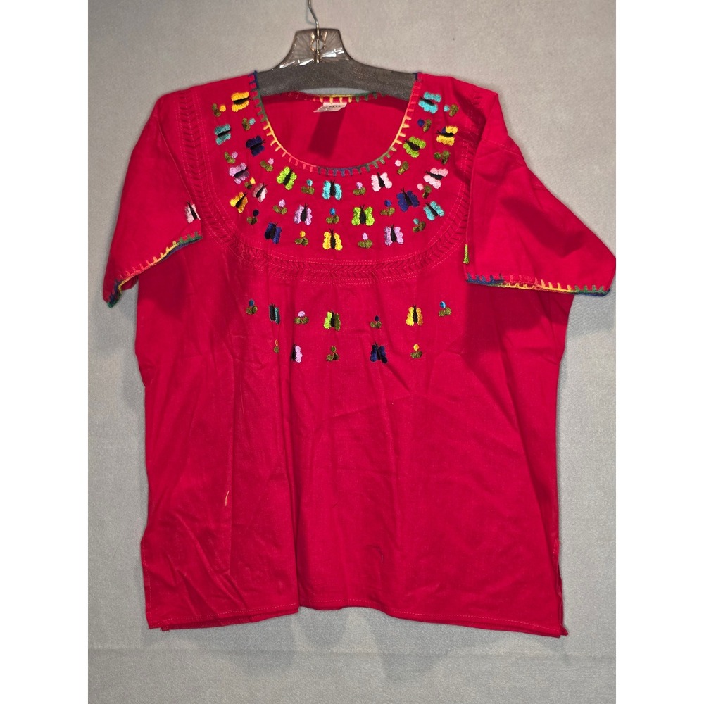 Velia Mexican Embroidered Butterfly Blouse Red Cotton Boho Huipil Top Made in MX